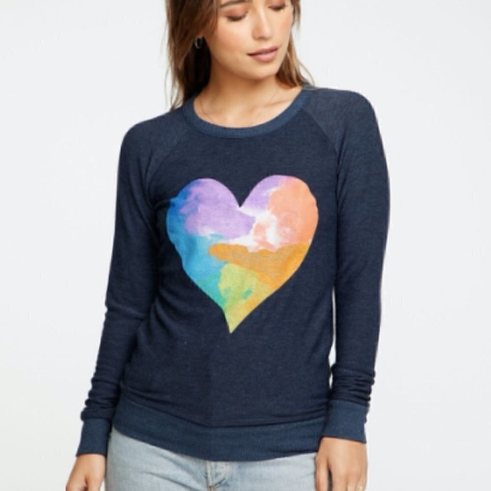 Chaser Rainbow Watercolor Heart Cozy Knit Pullover Sweatshirt New With Tag